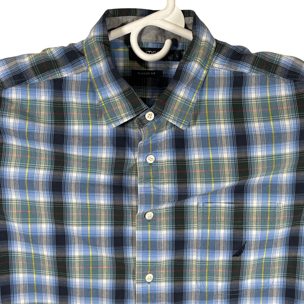 Nautica Mens Classic Fit Plaid Button Down Shirt Blue Green Cotton Large